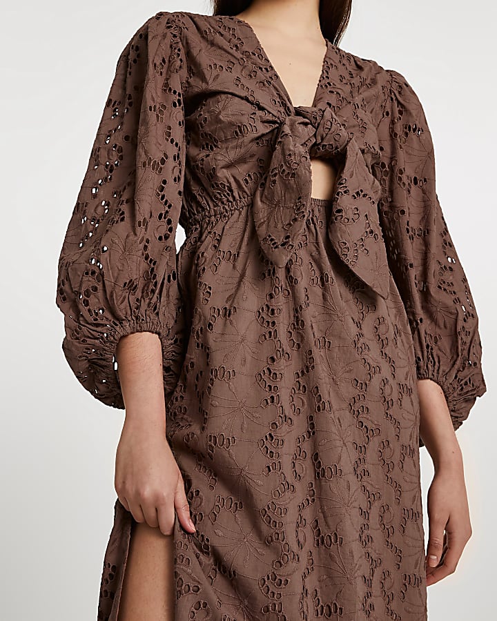 Brown long sleeve cut out broderie midi dress