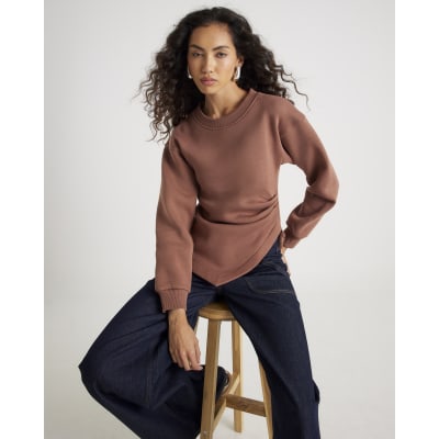 Brown Long Sleeve Draped Sweatshirt