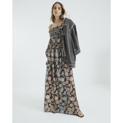Brown Long Sleeve Floral Bardot Maxi Dress