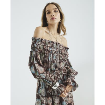 Brown Long Sleeve Floral Bardot Maxi Dress | River Island