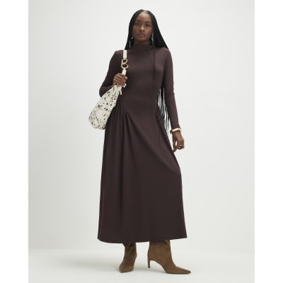 Brown Long Sleeve Gathered Waist Maxi Dress