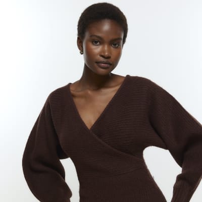 Brown long sleeve jumper midi dress River Island