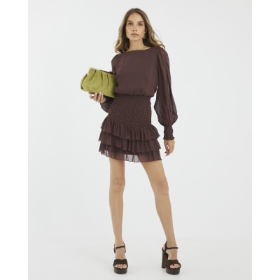 Brown Long Sleeve Smocked Mini Dress