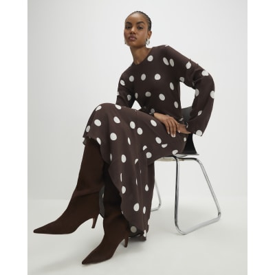 Brown Long Sleeve Spot Print Midi Dress