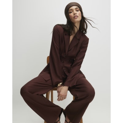 Brown Long Sleeve Tie Waist Shacket