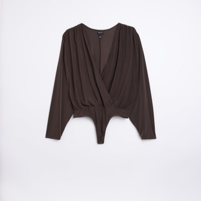 Brown long sleeve wrap bodysuit