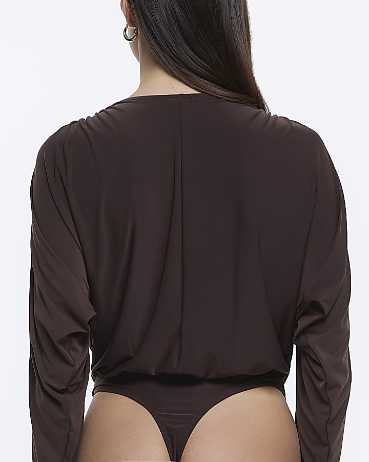 Brown long sleeve wrap bodysuit