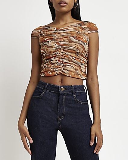 Brown marble mesh ruched top
