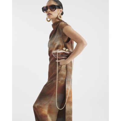 Brown Marble Pebble Box Clutch Bag