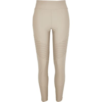 Brown matte coated ribbed biker leggings