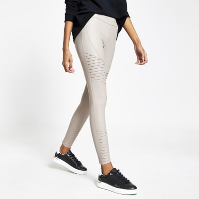 Brown matte coated ribbed biker leggings