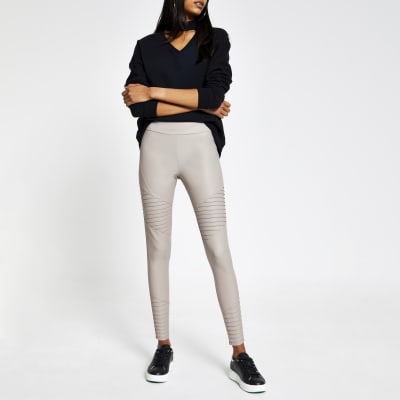 Brown matte coated ribbed biker leggings