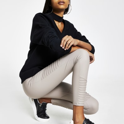 Brown matte coated ribbed biker leggings