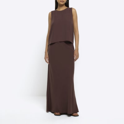 Brown Maxi Bias Skirt With Linen River Island 2096