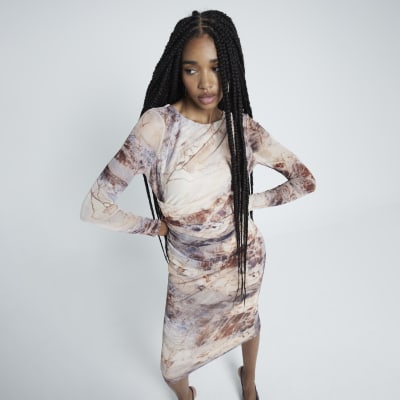 Brown Mesh Abstract Printed Drape Dress