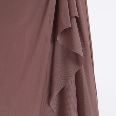 Brown mesh drape ruched midi skirt