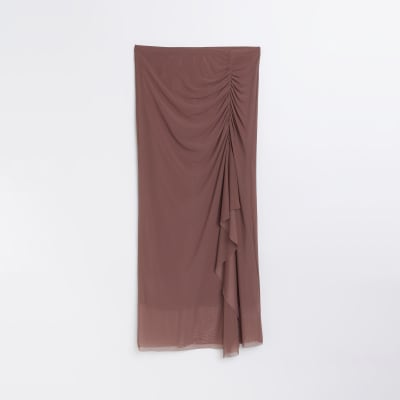 Brown mesh drape ruched midi skirt