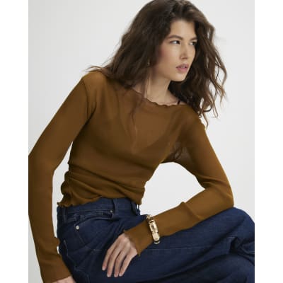 Brown Mesh Long Sleeve Ruched Top