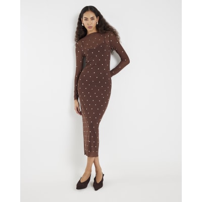 Brown Mesh Long Sleeve Studded Midi Dress River Island