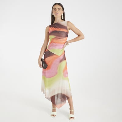 Brown Mesh Sleeveless Ruched Midi Dress