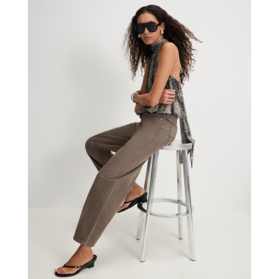 Brown Mid Rise Barrel Leg Jeans