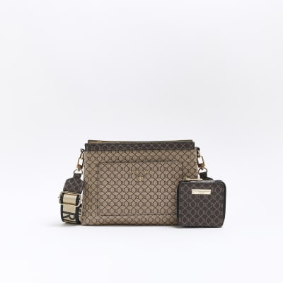 River Island monogram cross body bag in brown