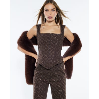 Brown Monogram Denim Stretch Corset Top