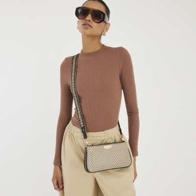 Brown Monogram Print Chain Cross Body Bag
