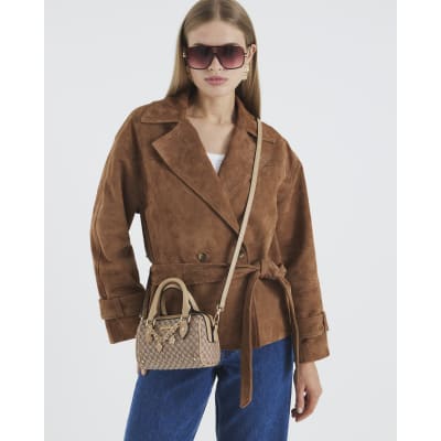 Brown Monogram Print Cross Body Bowler Bag