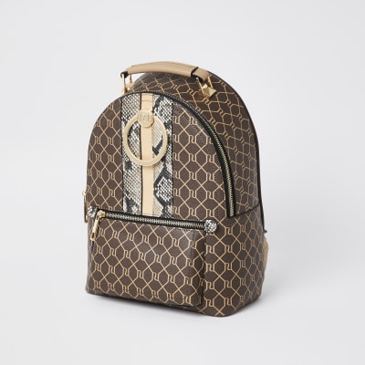Brown monogram print ring backpack