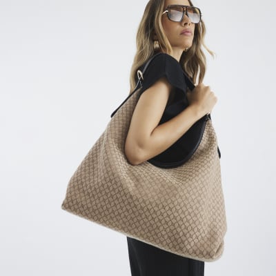 Brown Monogram Print Slouch Shoulder Bag