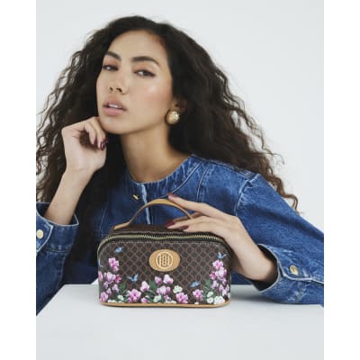 Brown Morgan Floral Monogram Make Up Bag River Island