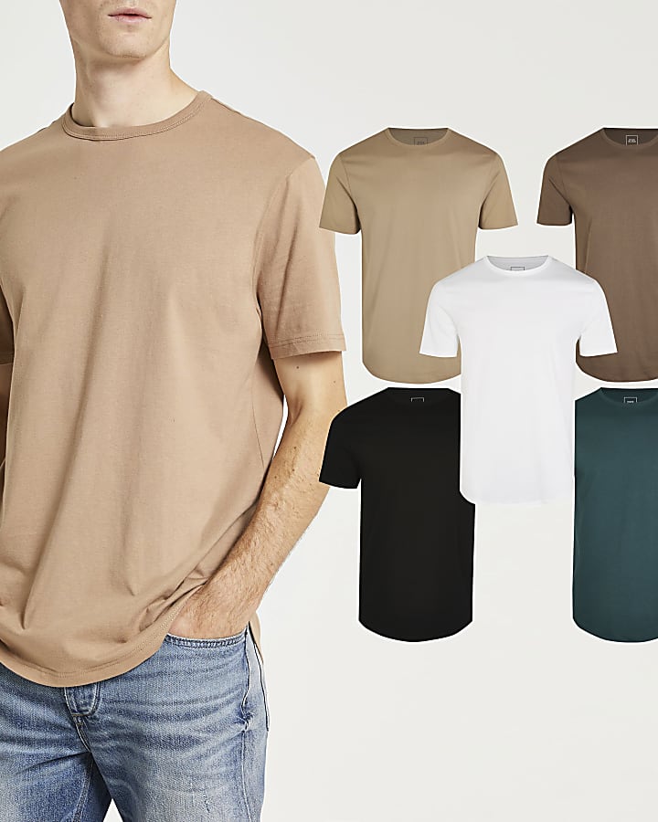 Brown multipack slim curve hem t-shirts