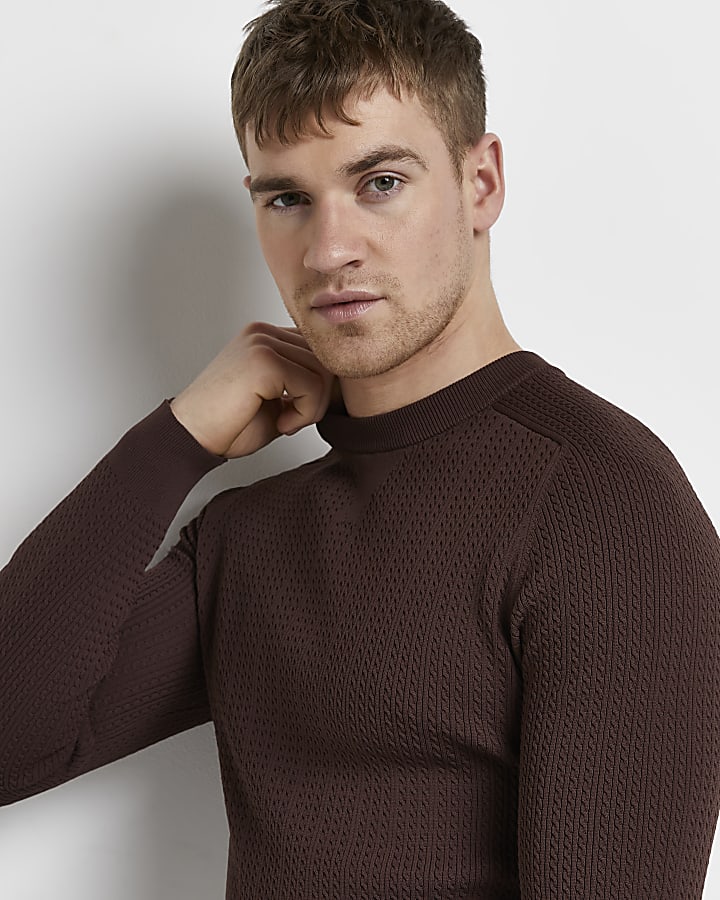 Brown muscle fit cable knit jumper