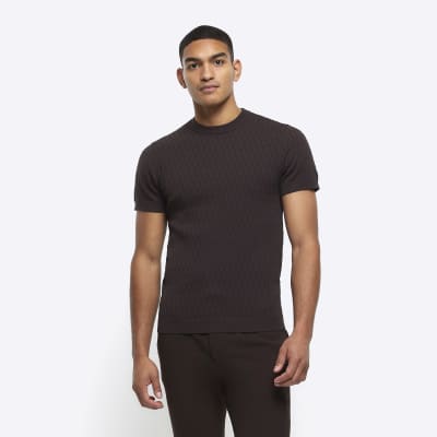 Brown muscle fit diamond stitch t-shirt | River Island