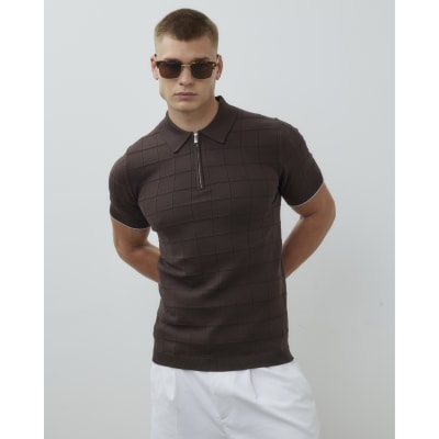 Brown Muscle Fit Grid Textured Polo Shirt