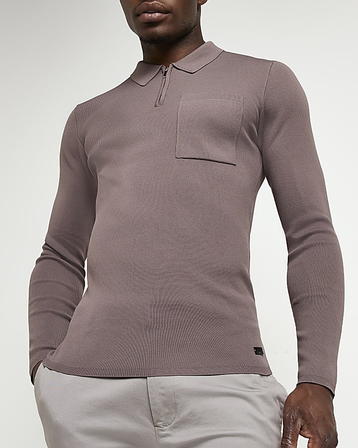 Brown Muscle fit long sleeve zip polo shirt