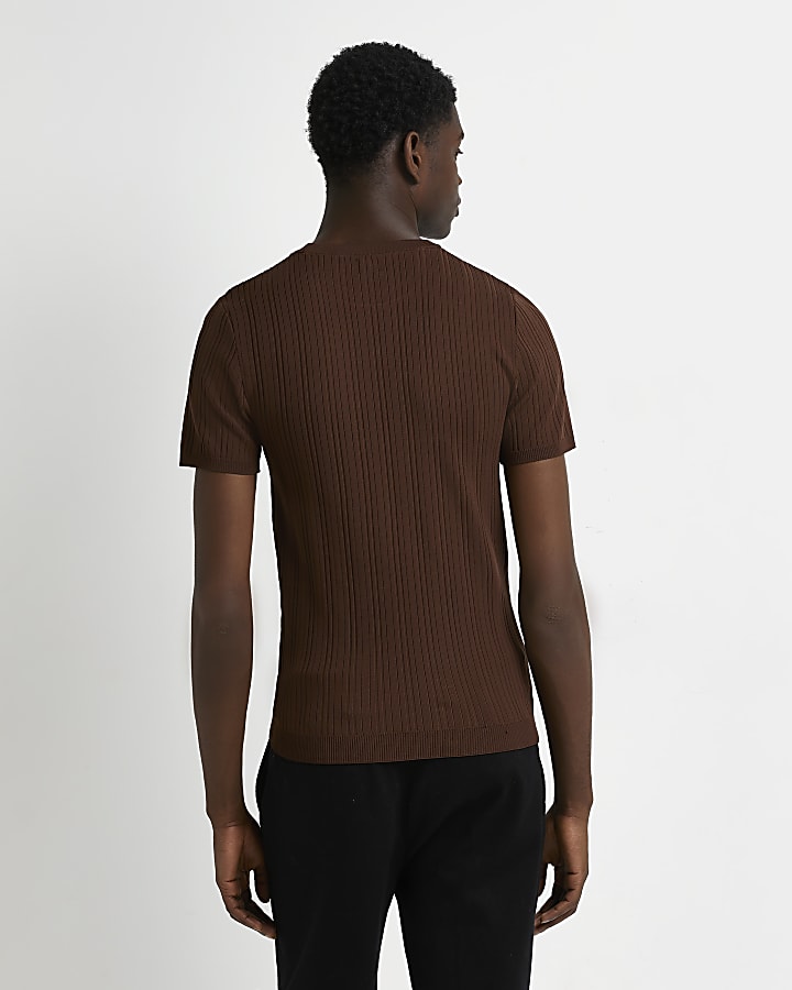 Brown muscle fit ribbed knitted t-shirt