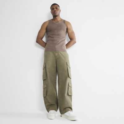Brown Muscle Fit Ribbed Washed Vest