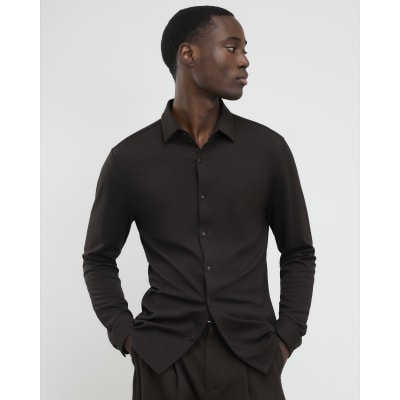 Brown Muscle Fit Stretch Pique Smart Shirt