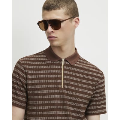 Brown Muscle Fit Stripe Textured Polo Shirt