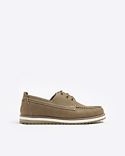 Brown nubuck lace up boat shoes