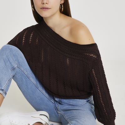 Brown off shoulder crochet jumper River Island