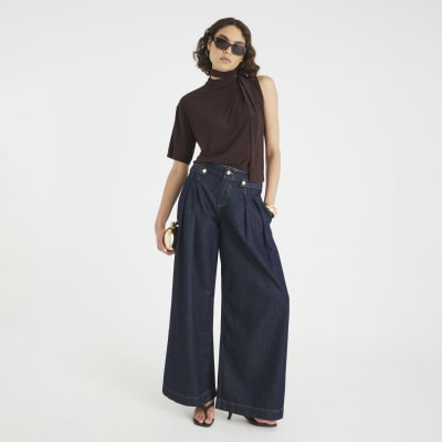 Brown One Shoulder Scarf Neck Detail T-shirt