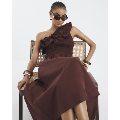 Brown One Shoulder Shirred Midi Dress