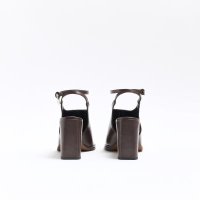 Brown open toe block heeled shoes