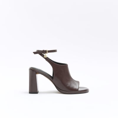 Brown open toe block heeled shoes