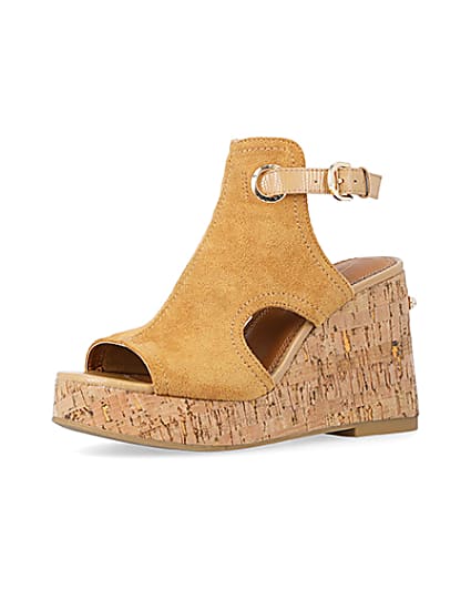 360 degree animation of product Brown open toe wedge heeled sandals frame-1
