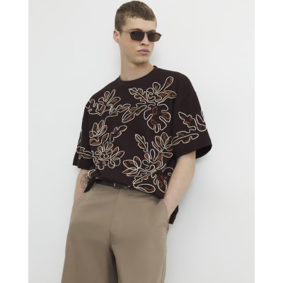 Brown Oversized Fit Roping Floral T-Shirt