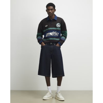 Brown Oversized Fit Stripe Rugby Polo Shirt